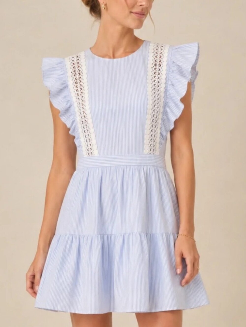 English Factory Blue Pinstripe Lace Trim Ruffle Sleeve Tiered Mini Dress - Picture 1 of 7